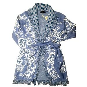 Women's Knit Floral Fringe Cardigan Sweater boho size Small with belt coastal